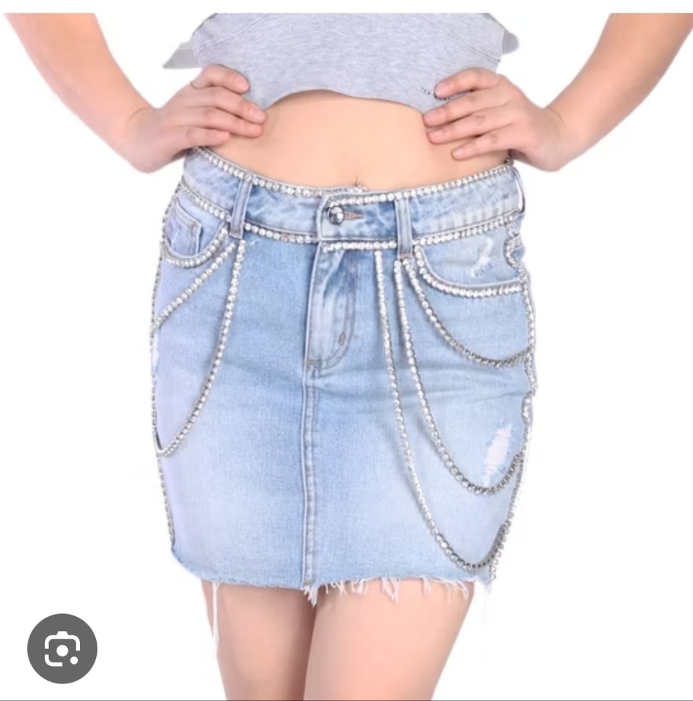 Blue MOTO Denim Mini Skirt with Rhinestone Accents At The Front 12 80s Western